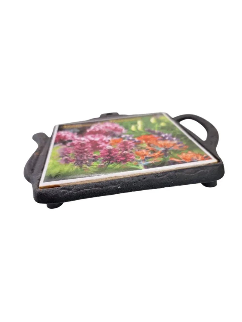 Vintage Wildflowers Of Washington Cast Iron Teapot Trivet With Ceramic Tile Pot